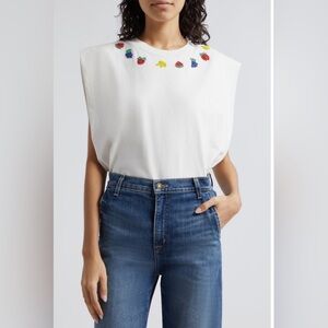 Farm Rio White Beaded Fruits Organic Cotton T-Shirt Size Medium